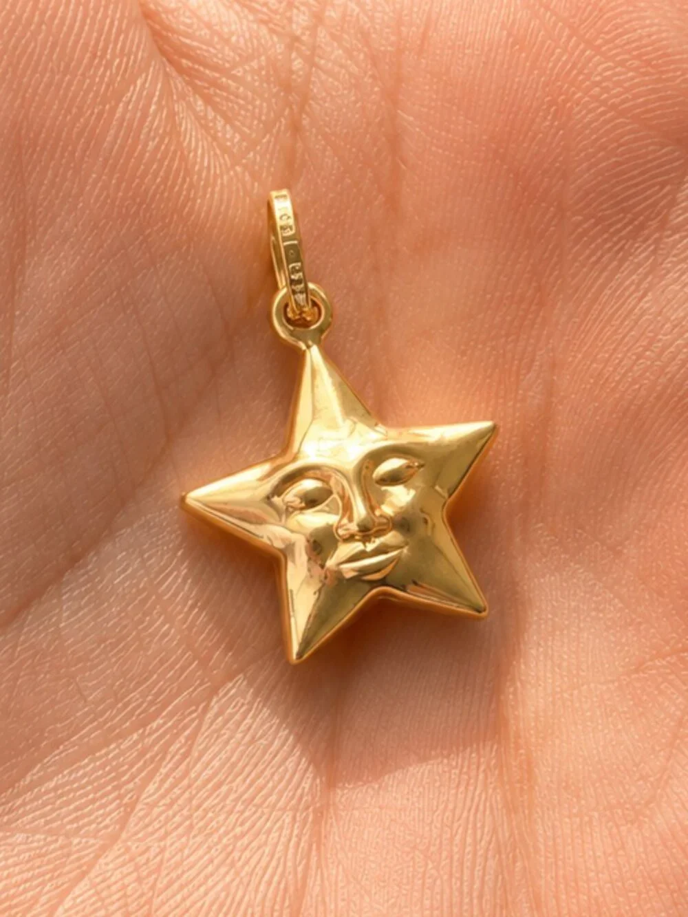 Real 14K Gold Star Pendant, Celestial Star Face Charm, Puffed Moon Star Necklace